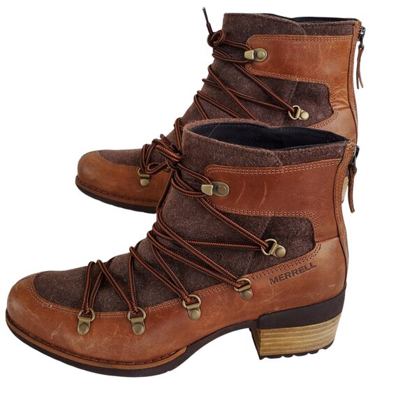 MERRELL Shiloh Ankle Boots Women's 9 Brown Leather & Wool Lace Up Zip Grip Heel - Picture 1 of 11